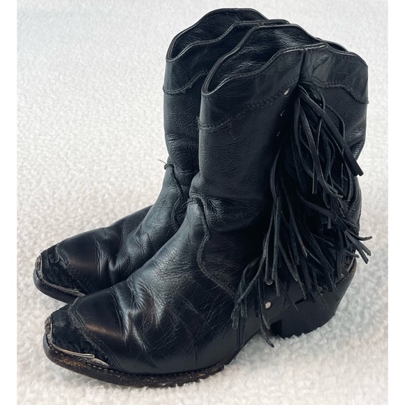 (VTG) ZODIAC • Black Genuine Leather Studded Fringe Western Cowboy Boots - Picture 5 of 16